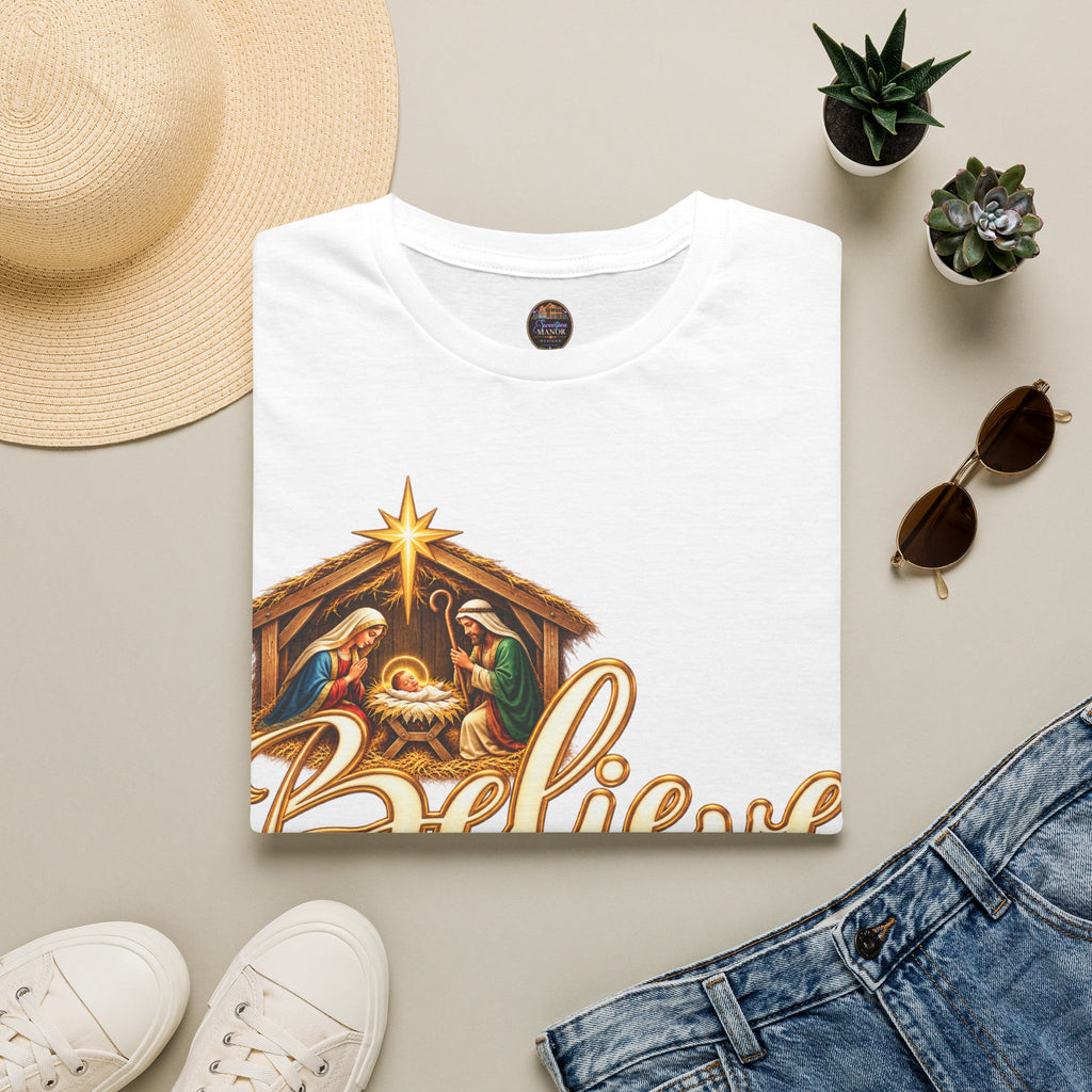 Nativity Manger Believe T-Shirt | Christmas Religious Holiday Tee