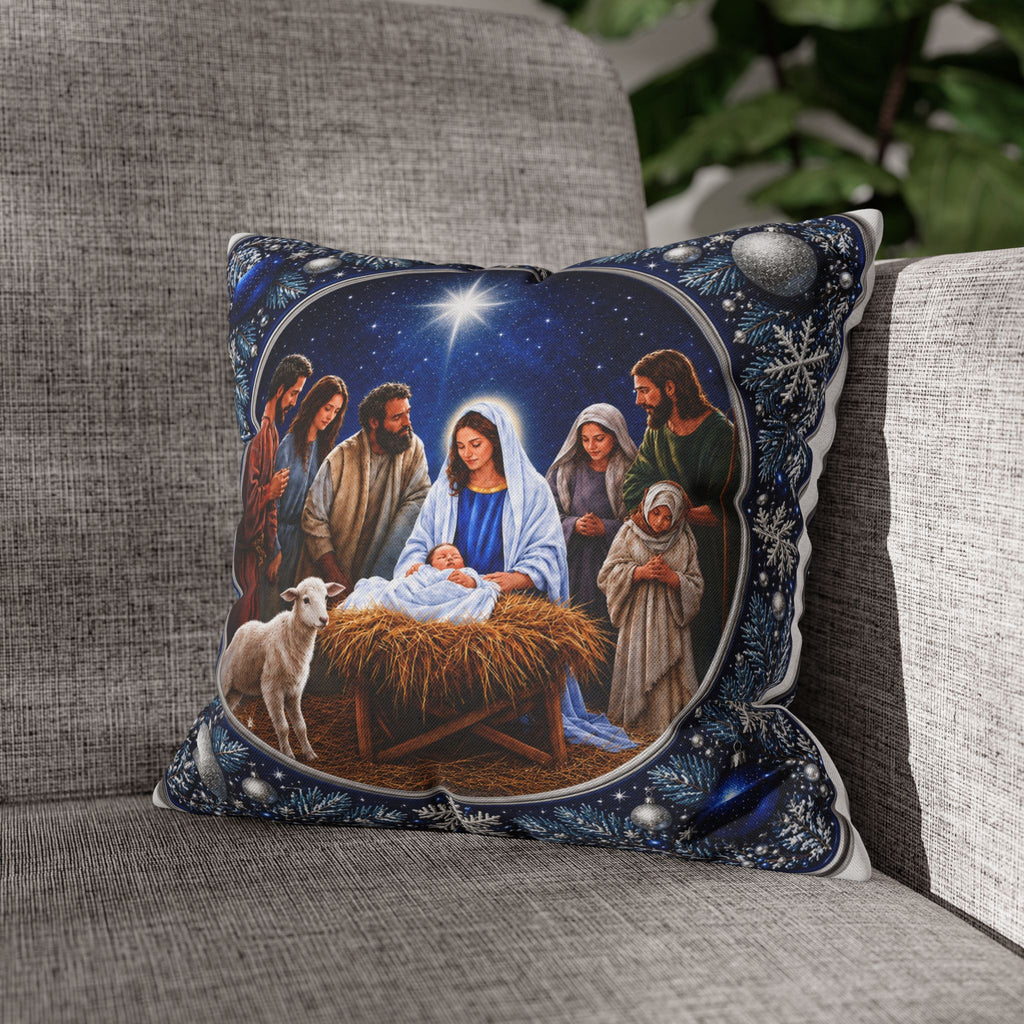Nativity Scene Christmas Pillowcase – Holy Family Spun Polyester Square Pillow