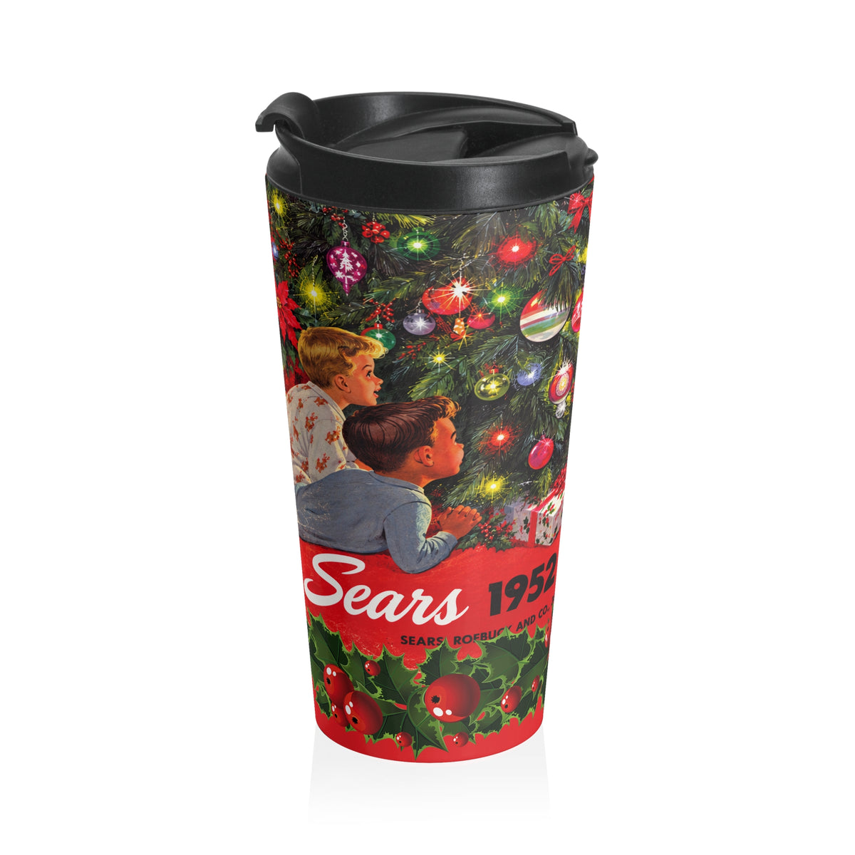 Vintage Santa Christmas tree travel mug | Retro 1950s holiday design