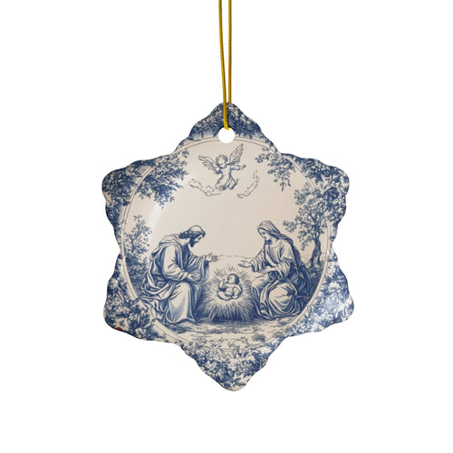 Blue and white Nativity Scene Ceramic Ornament | Star-Shaped Holiday Decoration
