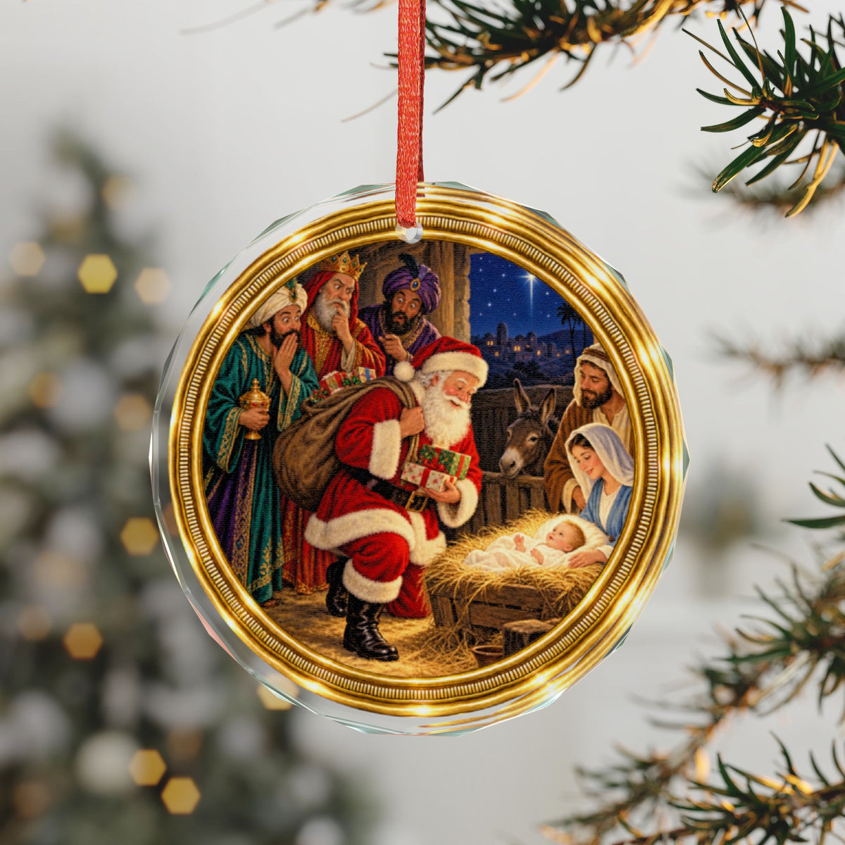 Holy Family, Santa, and Wise Men Glass Christmas Ornament, Single