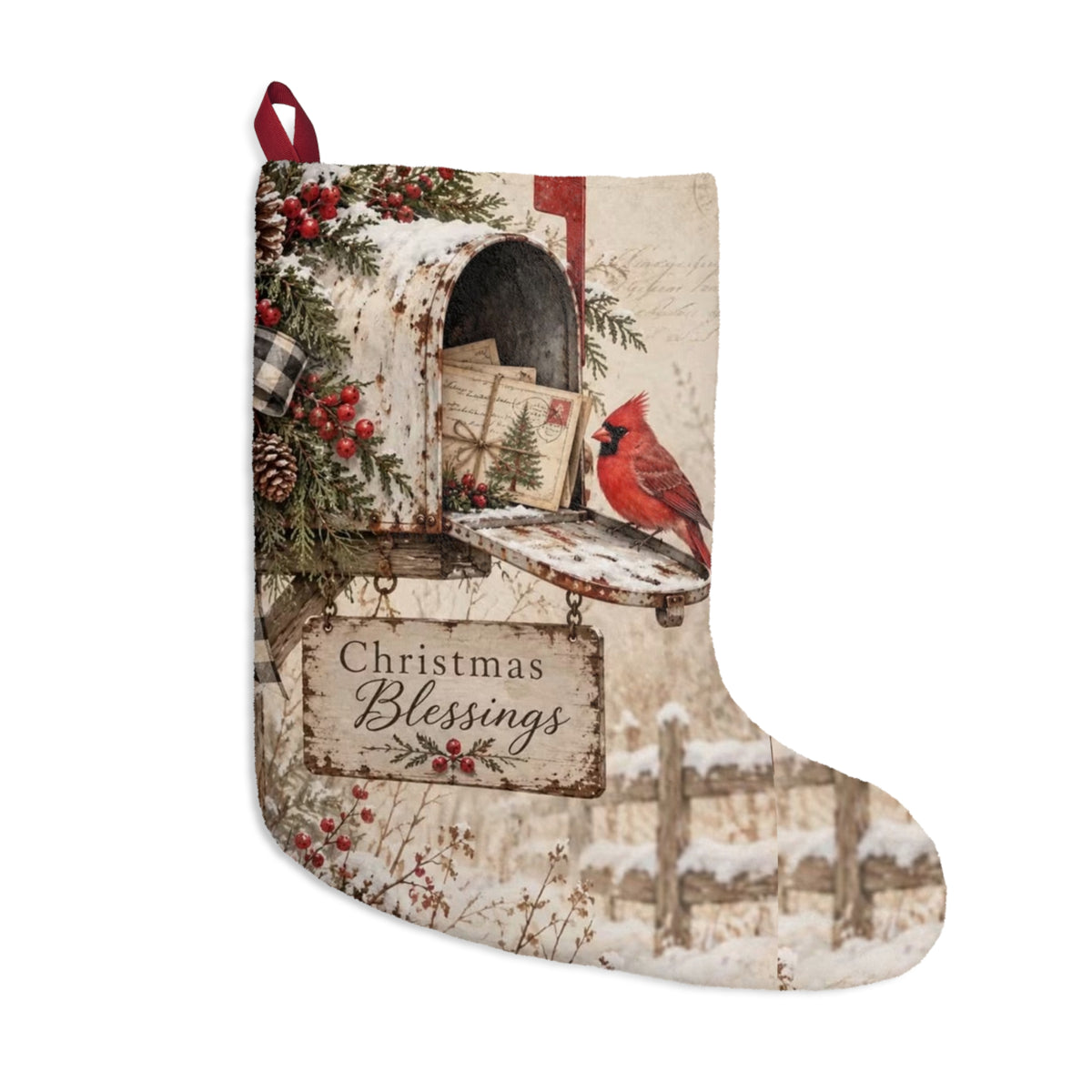 Cardinal on Mailbox Christmas Stocking | Christmas Blessings Holiday Stocking