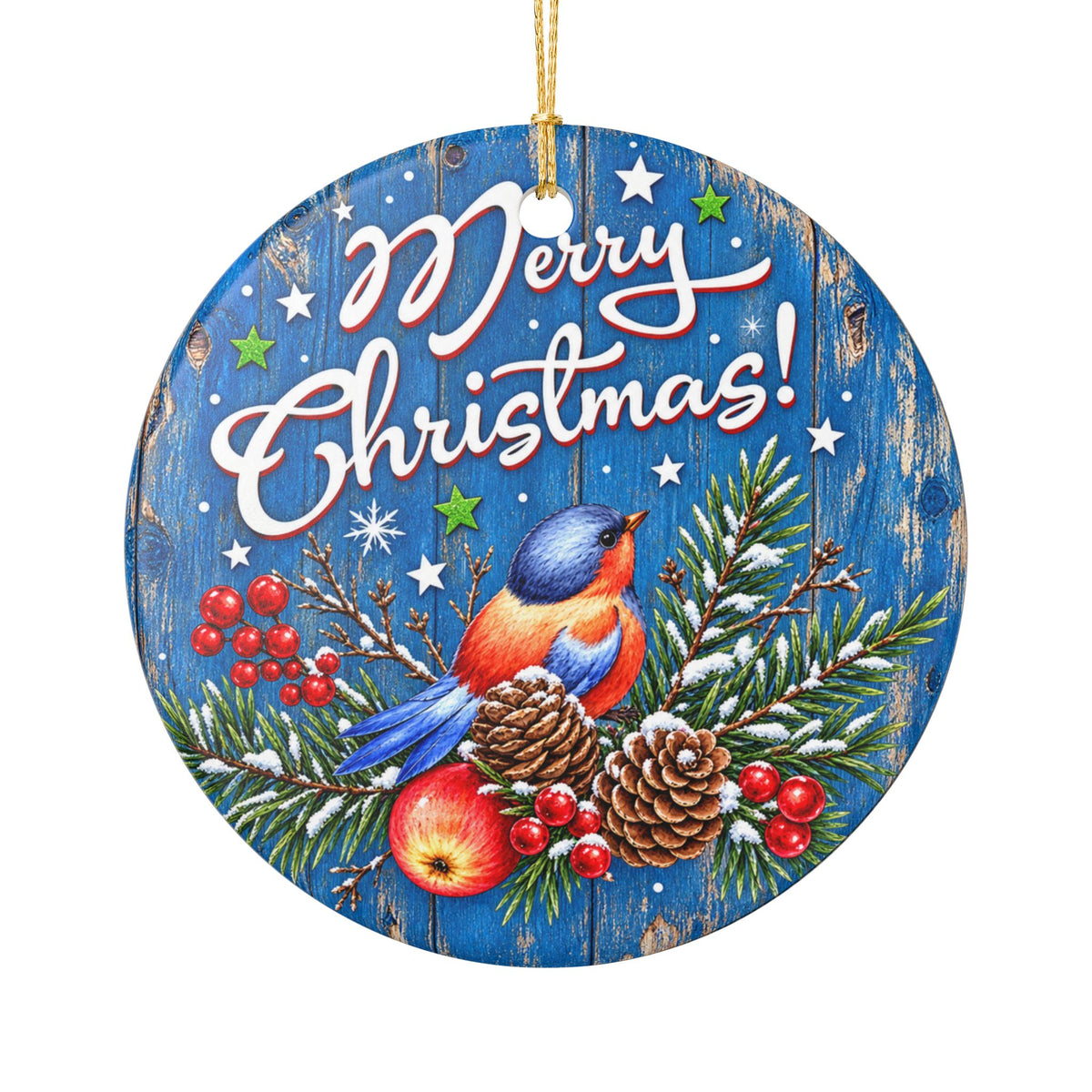 Merry Christmas Vintage Bluebird Greetings Winter Church Ceramic Decoration Ornament, (1pc)