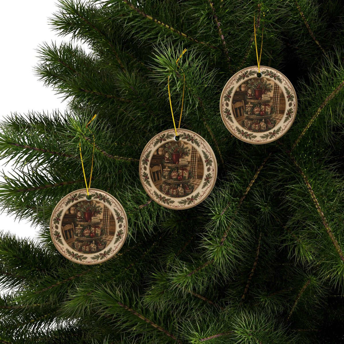Original Transfer Ware Rustic Christmas Kitchen Ceramic Ornaments, 2-Side Print, (1pc, 3pcs, 5pcs, 10pcs)