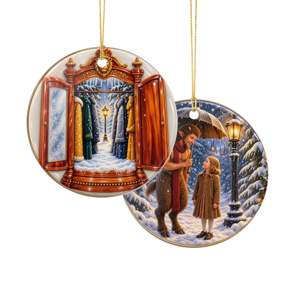 Ceramic Ornament — Winter Wardrobe Portal & Snowy Satyr Scene (2-Sided Holiday Decoration)