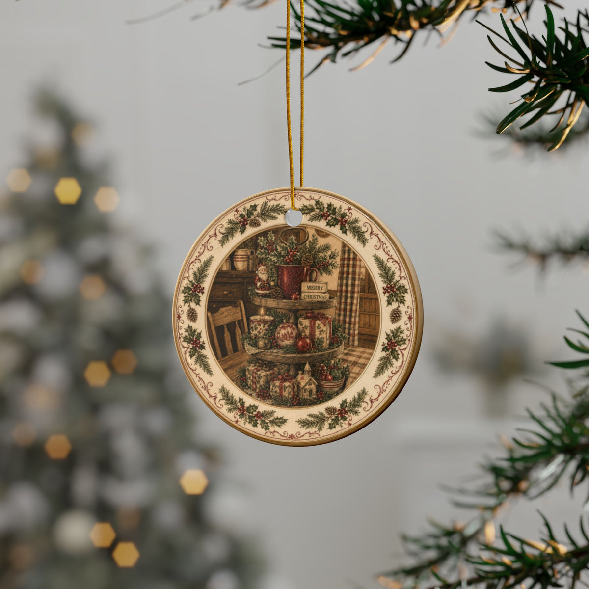 Original Transfer Ware Rustic Christmas Kitchen Ceramic Ornaments, 2-Side Print, (1pc, 3pcs, 5pcs, 10pcs)