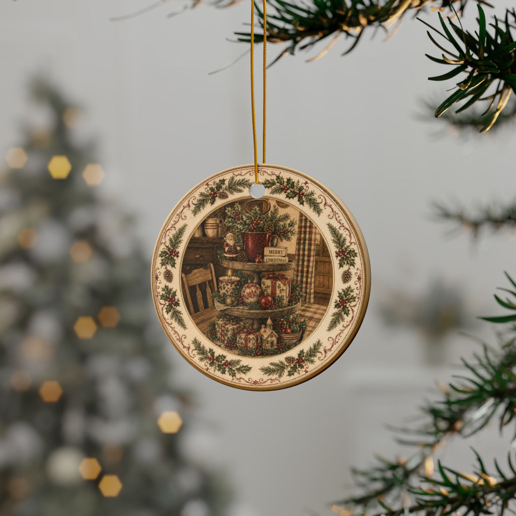 Original Transfer Ware Rustic Christmas Kitchen Ceramic Ornaments, 2-Side Print, (1pc, 3pcs, 5pcs, 10pcs)