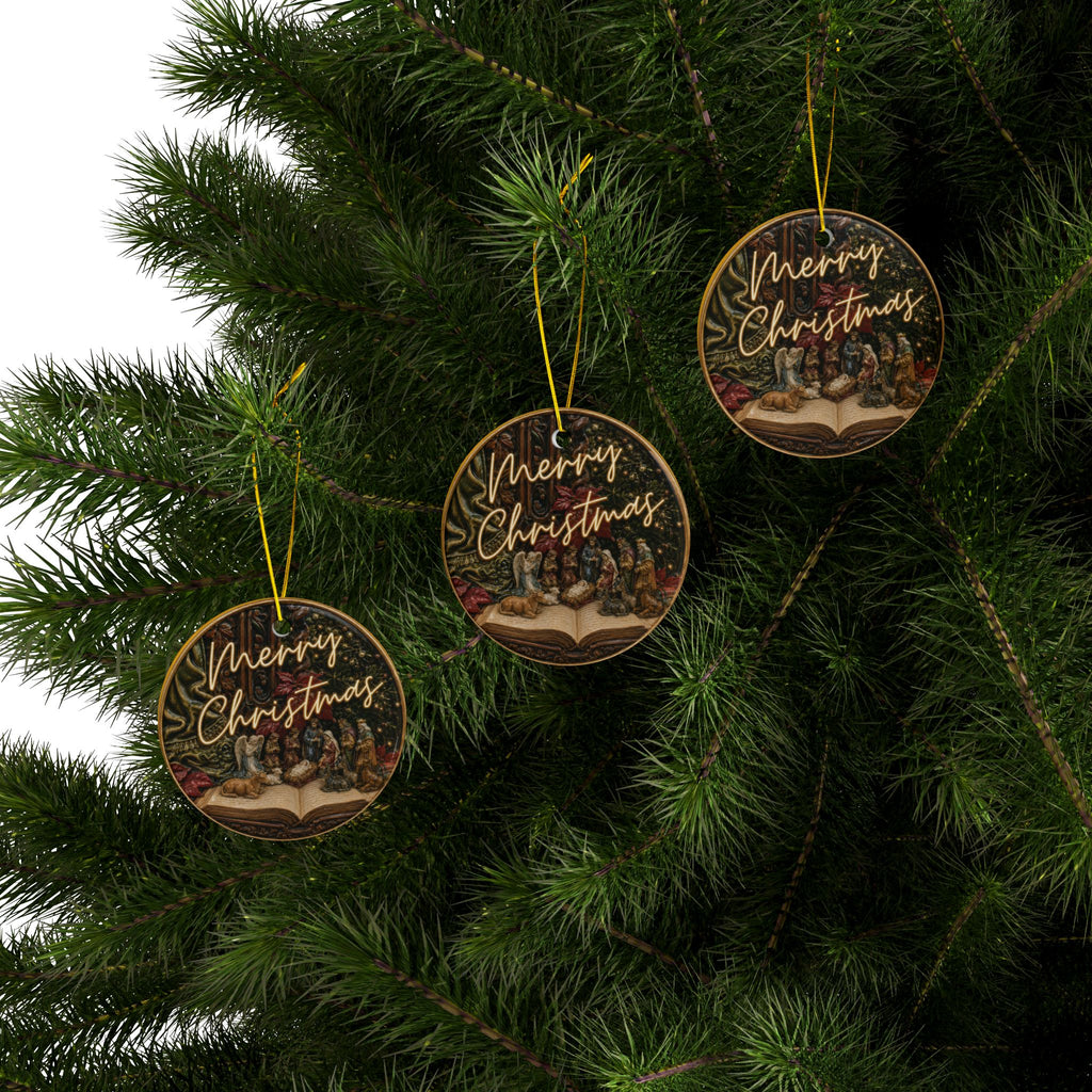 Vintage Nativity on Open Bible Christmas Ornaments, 2-Side Print, (1pc, 3pcs, 5pcs, 10pcs)