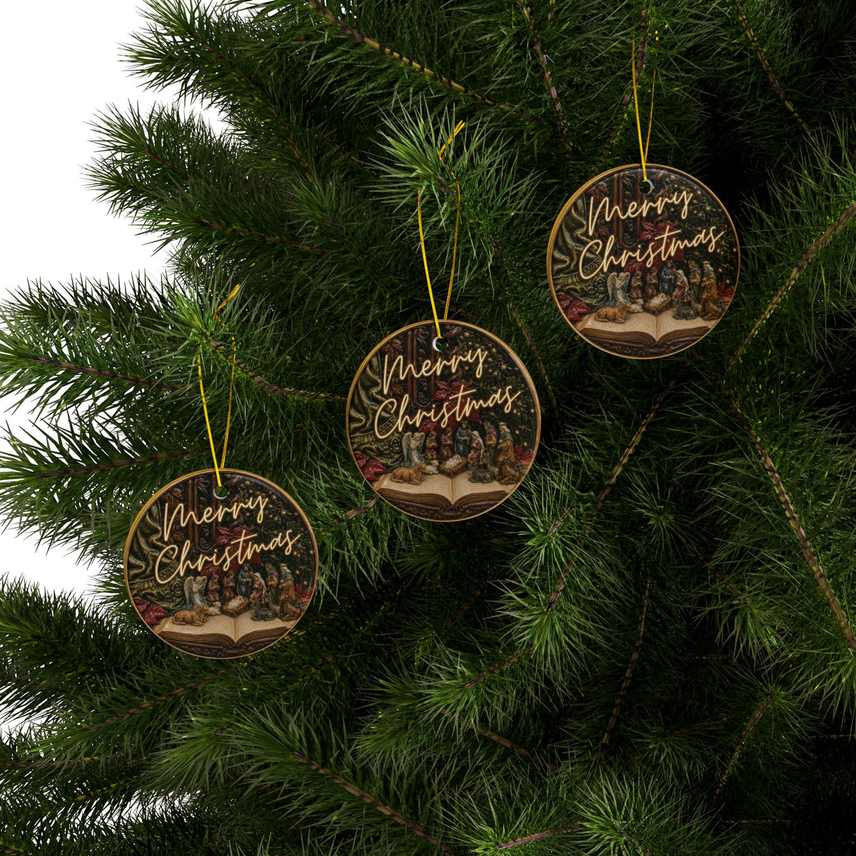 Vintage Nativity on Open Bible Christmas Ornaments, 2-Side Print, (1pc, 3pcs, 5pcs, 10pcs)