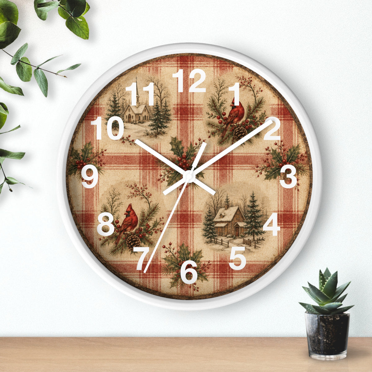 Cardinal Plaid Cabin Wall Clock | Rustic Christmas Cabin Clock