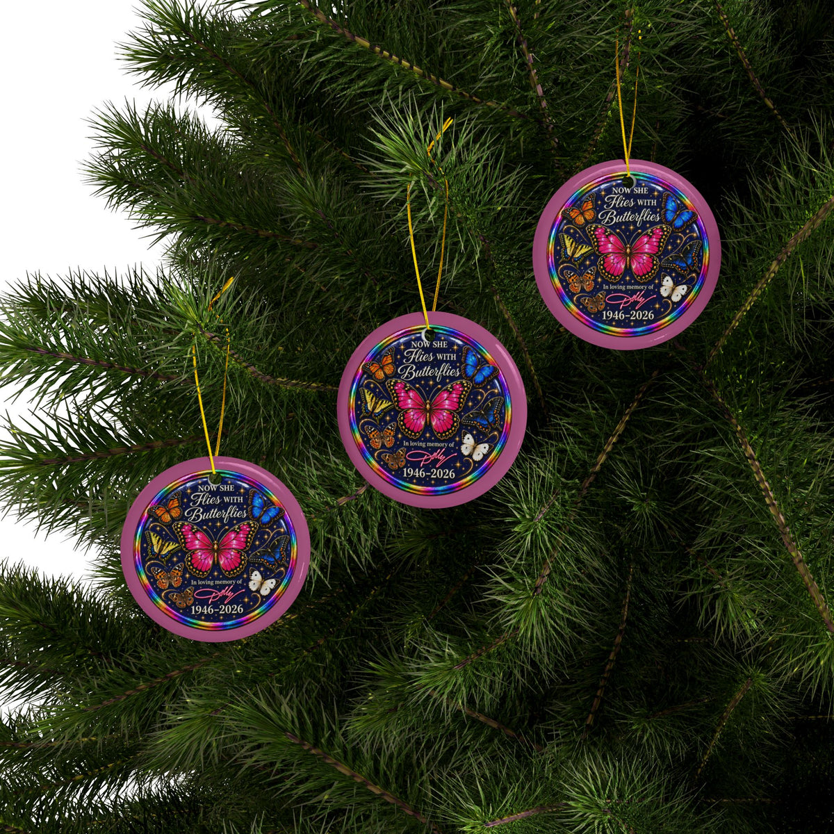 Dolly Remembrance Now She Flies With Butterflies Ceramic Christmas Ornament | Sets of 1, 3, 5 or 10