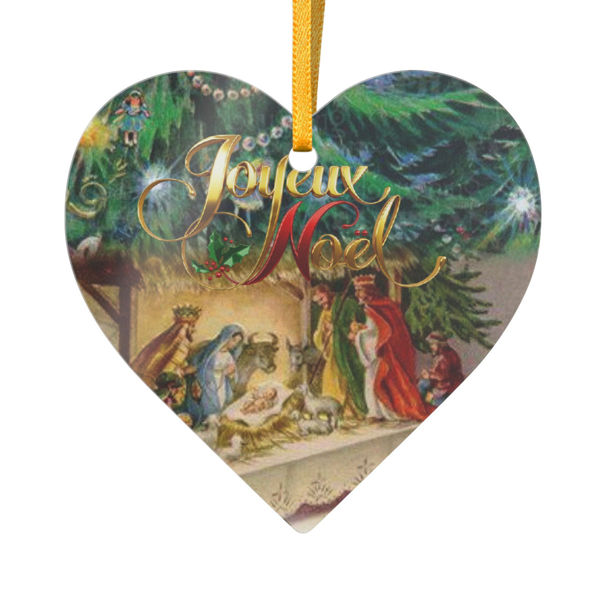 Christmas Nativity Joyeux Noel Heart Shaped Acrylic Ornament