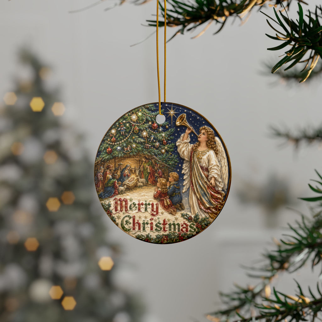 Vintage Children with Nativity Ceramic Christmas Ornaments, 2-Side Print, (1pc, 3pcs, 5pcs, 10pcs)