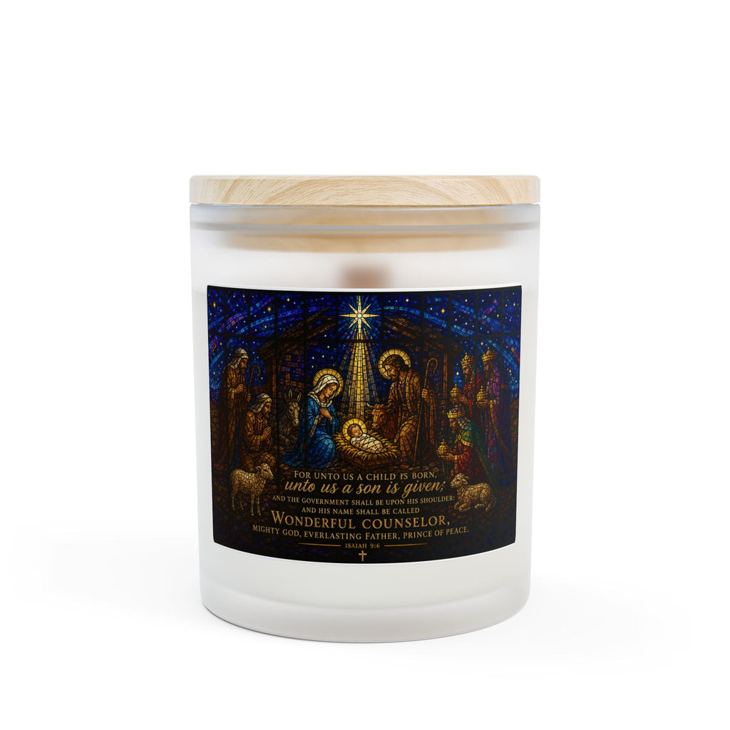 Nativity Frosted Glass Candle — "Wonderful Counselor" 11oz Christmas Candle