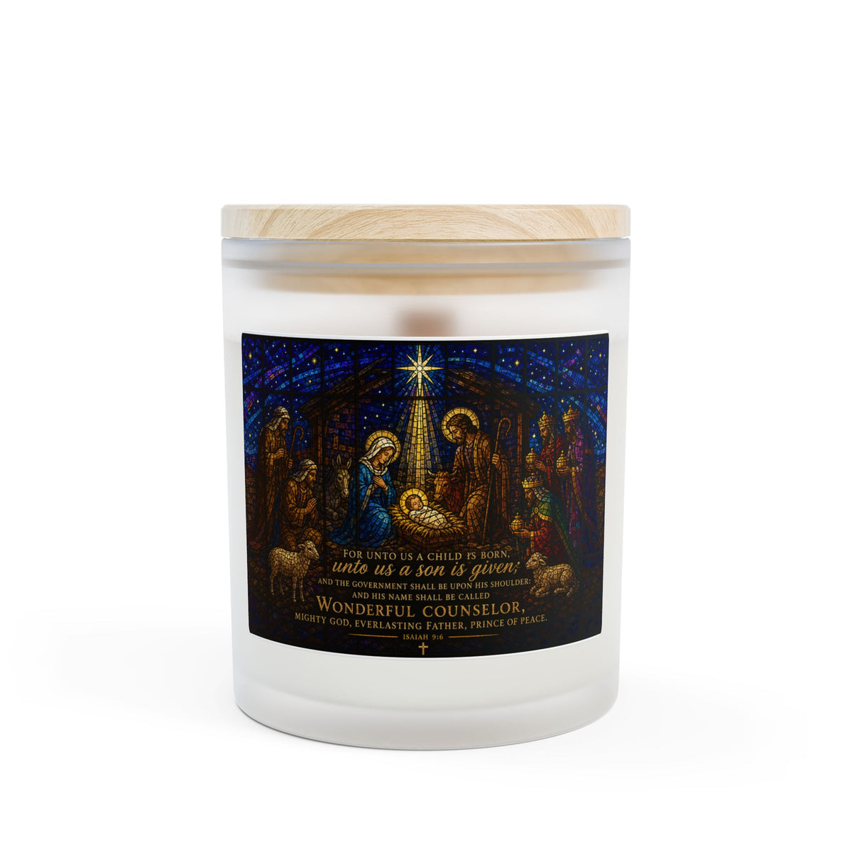 Nativity Frosted Glass Candle — "Wonderful Counselor" 11oz Christmas Candle
