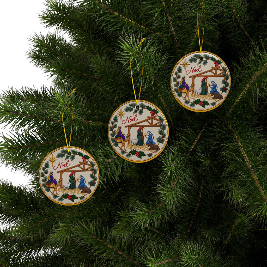Colorful Embroidery Look Nativity Ceramic Christmas Ornaments, 2-Side Print, (1pc, 3pcs, 5pcs, 10pcs)
