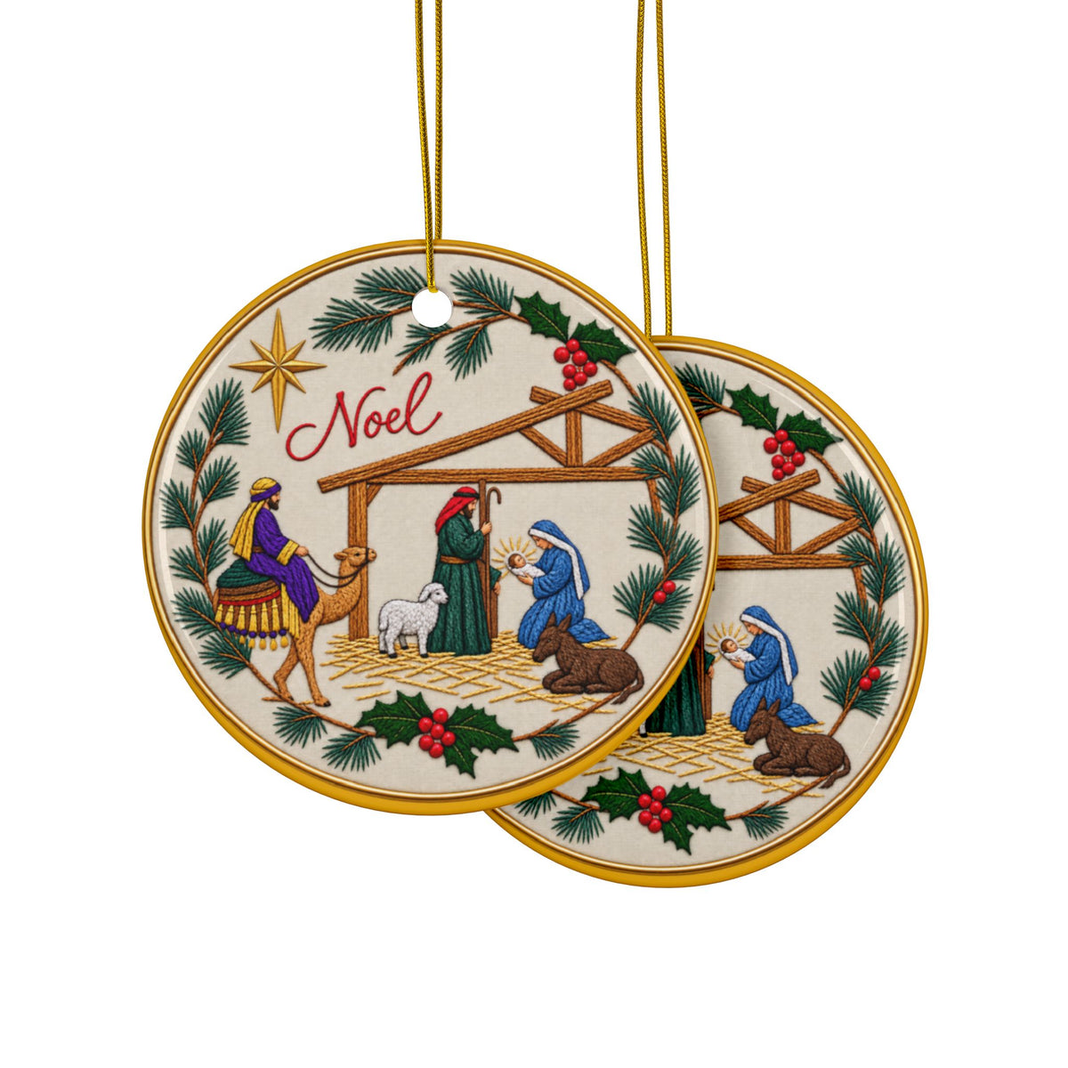 Colorful Embroidery Look Nativity Ceramic Christmas Ornaments, 2-Side Print, (1pc, 3pcs, 5pcs, 10pcs)