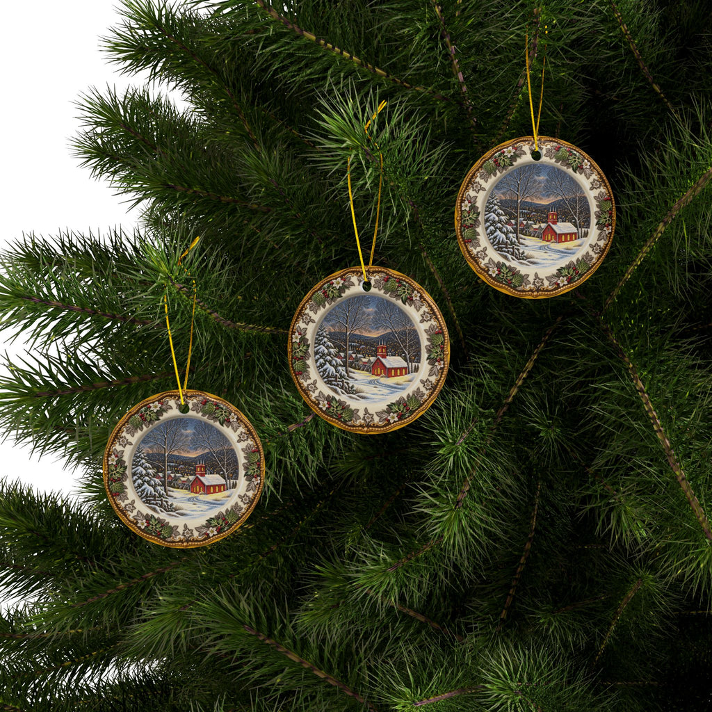Colorful Snowy Church and Village antique China look Ceramic Christmas Ornaments, 2-Side Print, (1pc, 3pcs, 5pcs, 10pcs)