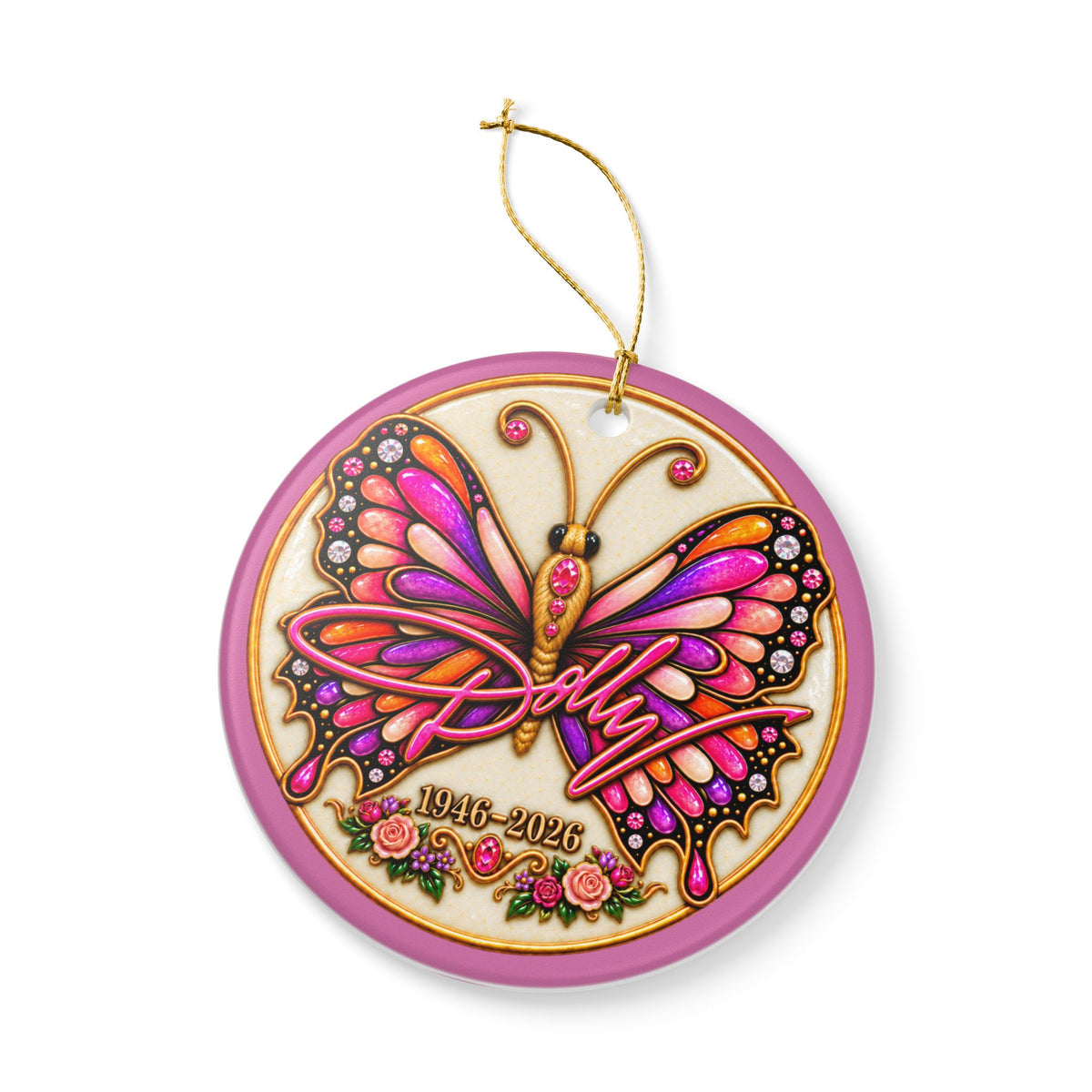 Dolly Signature and Butterfly Remembrance Ceramic Decoration Ornament, double sided (1pc)
