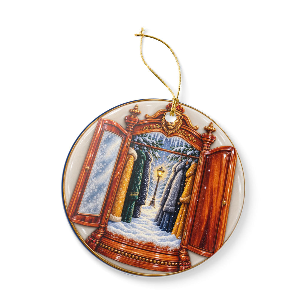 Ceramic Ornament — Winter Wardrobe Portal & Snowy Satyr Scene (2-Sided Holiday Decoration)