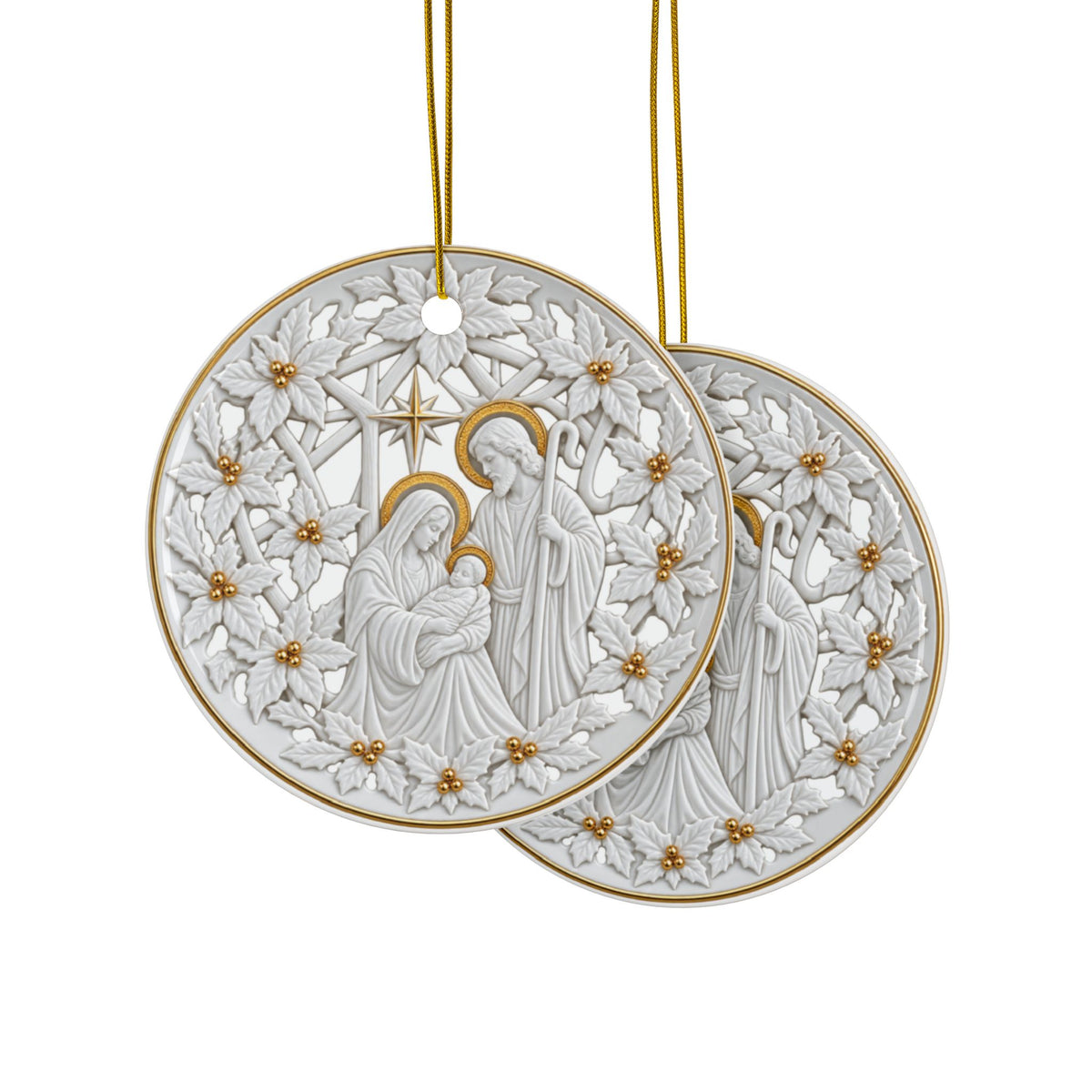 Lenox China inspired pierced Nativity ceramic Christmas Ornaments, 2-Side Print, (1pc, 3pcs, 5pcs, 10pcs)