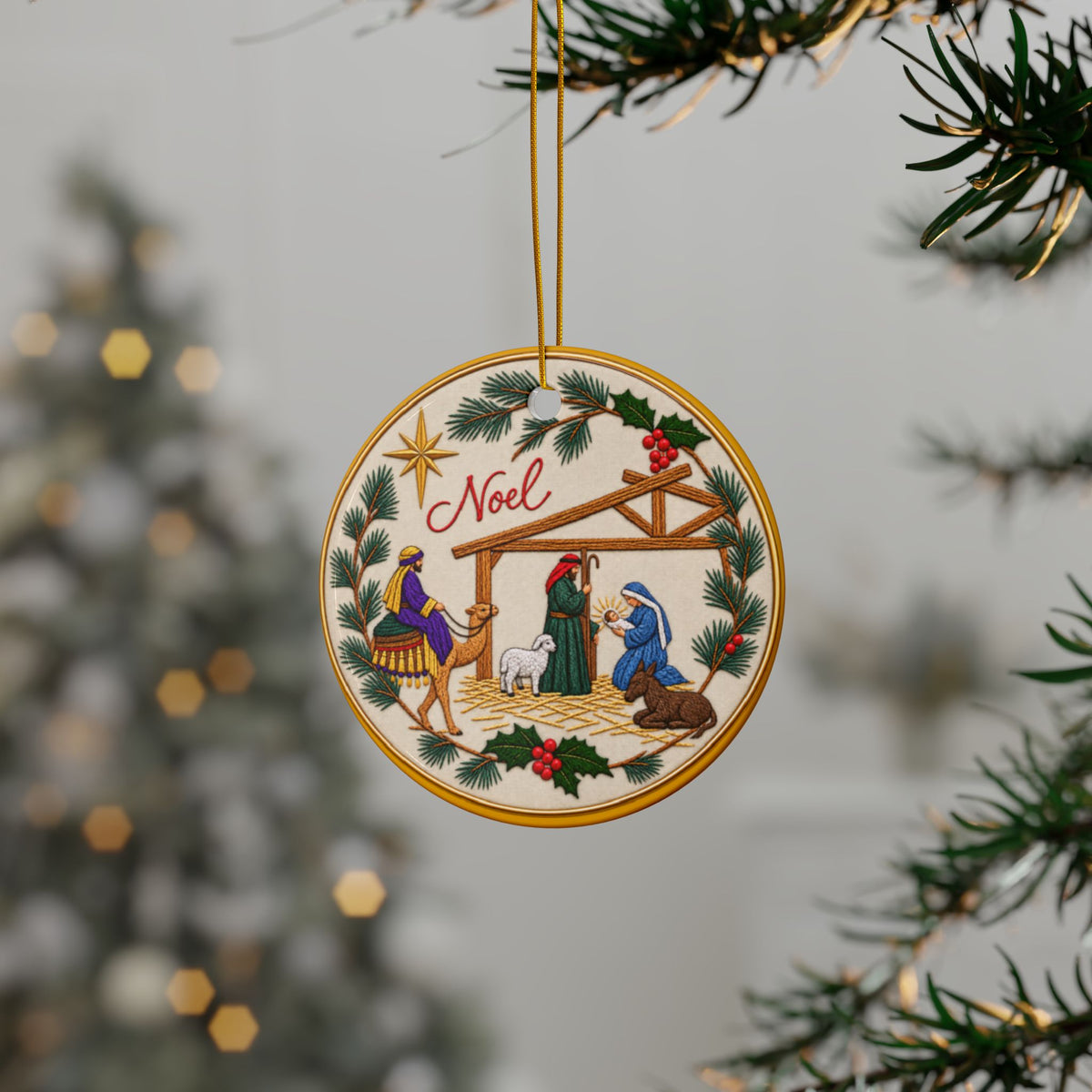 Colorful Embroidery Look Nativity Ceramic Christmas Ornaments, 2-Side Print, (1pc, 3pcs, 5pcs, 10pcs)