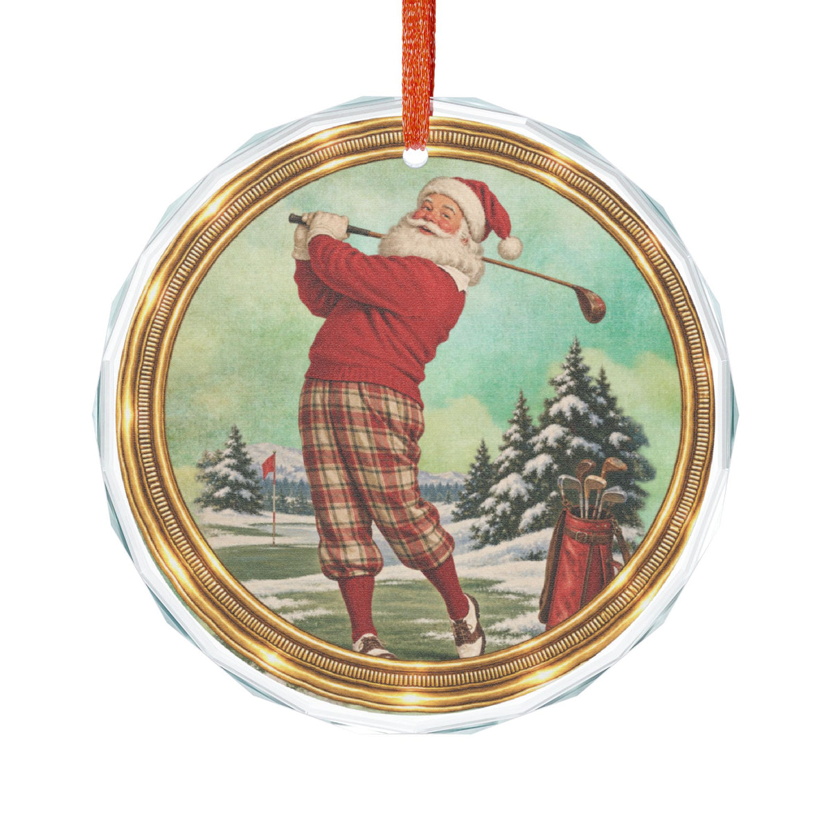 Golfing Santa Glass Ornament — Vintage Holiday Christmas Tree Decoration