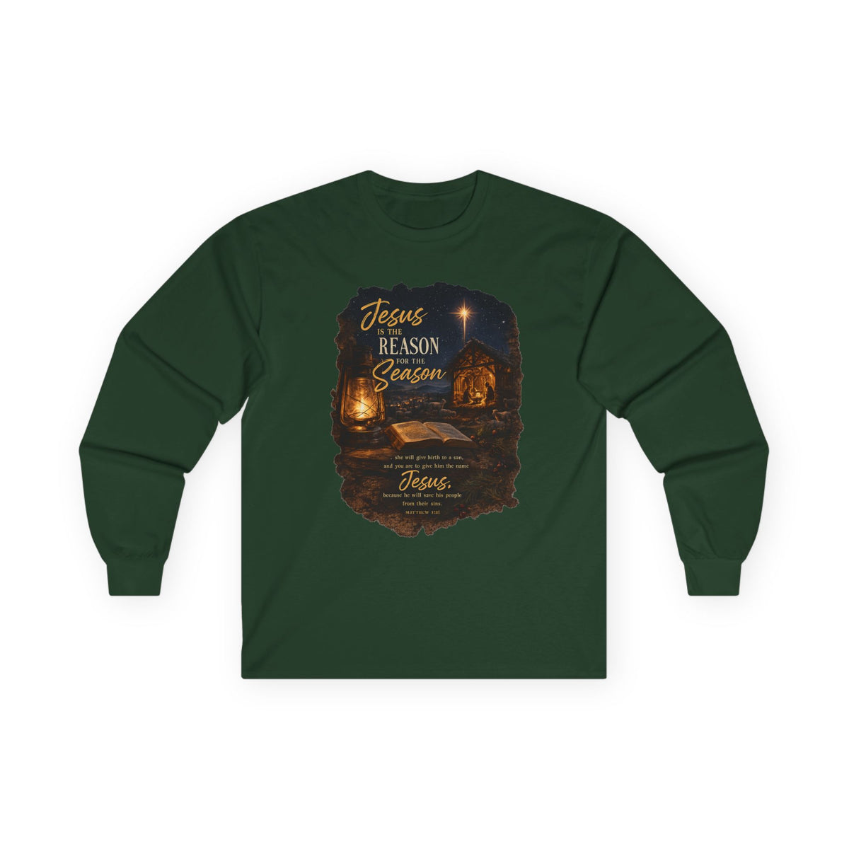 Jesus Reason Season nativity scene Long Sleeve Tee | Christian faith scripture design