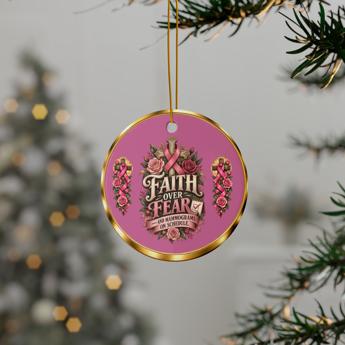 Faith Over Fear & Mammograms on Schedule Breast Cancer Awareness Christmas Ornaments, 2-Side Print, (1pc, 3pcs, 5pcs, 10pcs)