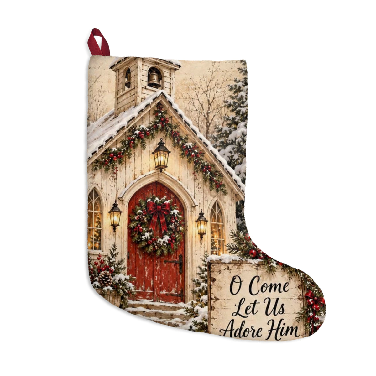 Vintage Church Wreath Christmas Stocking | O Come Let Us Adore Him