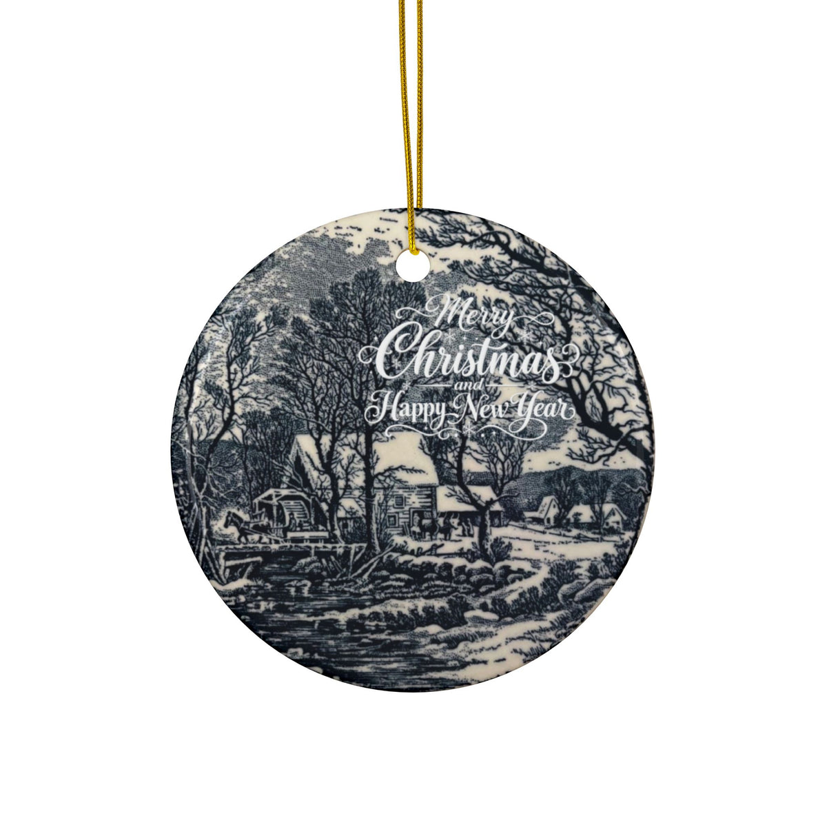 Currier and Ives “The Old Grist Mill” Blue and White Ceramic Ornaments, 2-Side Print, (1pc, 3pcs, 5pcs, 10pcs)