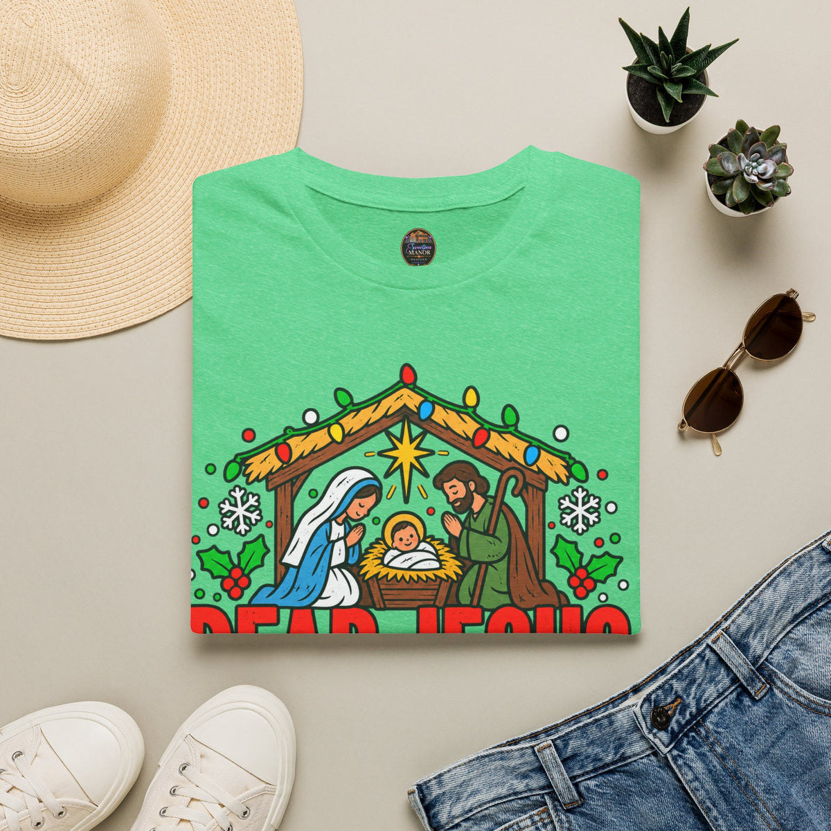 Dear Jesus Nativity Illustration T-Shirt | Humorous Religious Christmas Tee