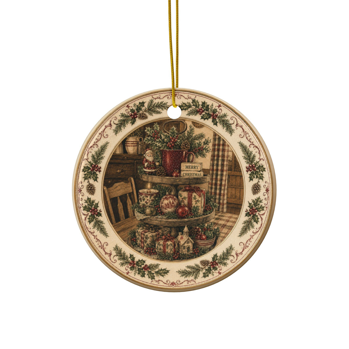 Original Transfer Ware Rustic Christmas Kitchen Ceramic Ornaments, 2-Side Print, (1pc, 3pcs, 5pcs, 10pcs)