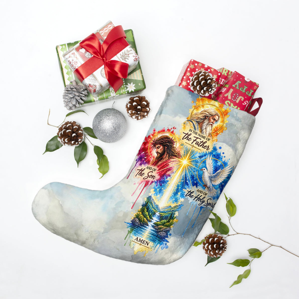 Religious Christmas Stocking – ‘In the Name of the Father, Son & Holy Spirit’ Nativity Cross Design