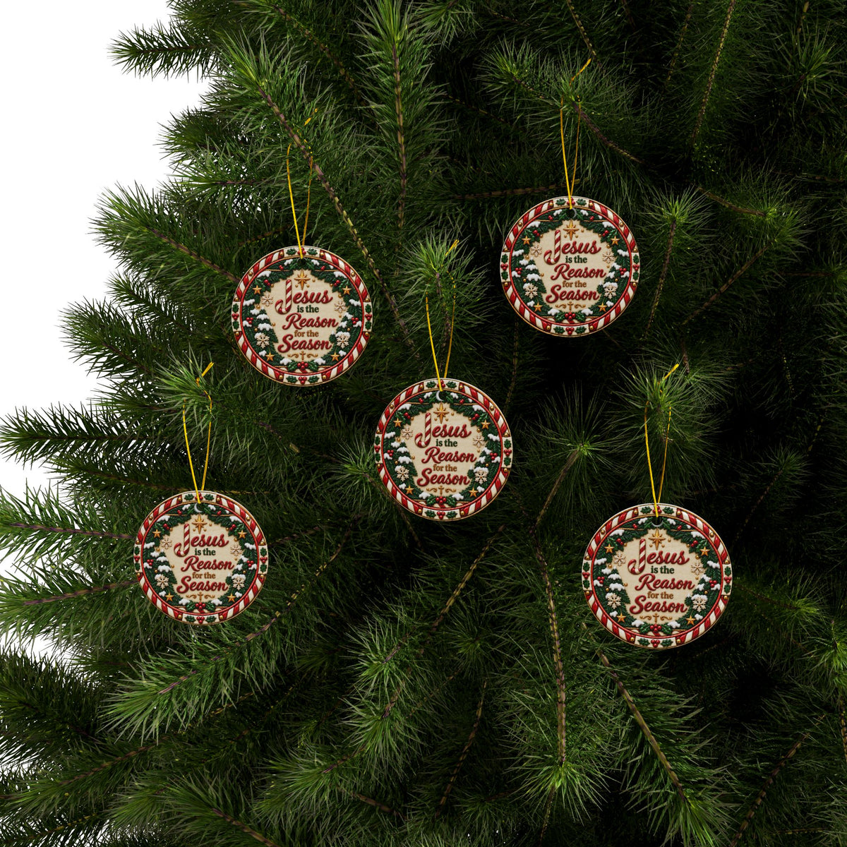 Jesus Is the Reason Candy Cane Ceramic Christmas Ornament | Christian Holiday Décor | Sets of 1, 3, 5 or 10