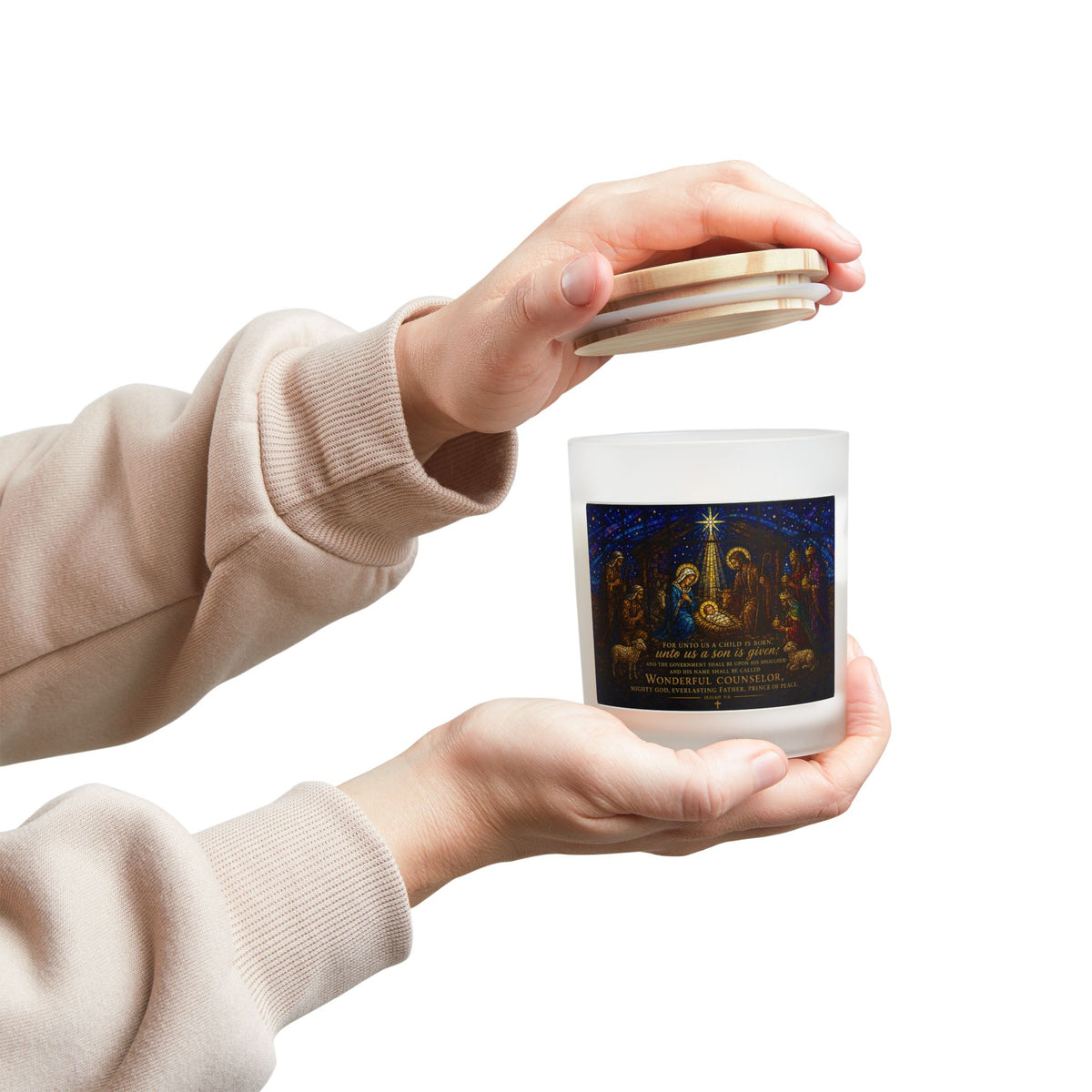 Nativity Frosted Glass Candle — "Wonderful Counselor" 11oz Christmas Candle