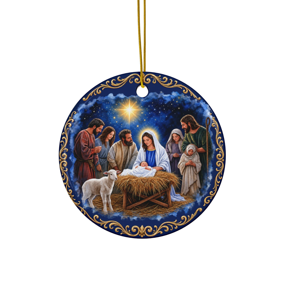 Colorful Embroidery Look Nativity Ceramic Christmas Ornaments, 2-Side Print, (1pc, 3pcs, 5pcs, 10pcs)