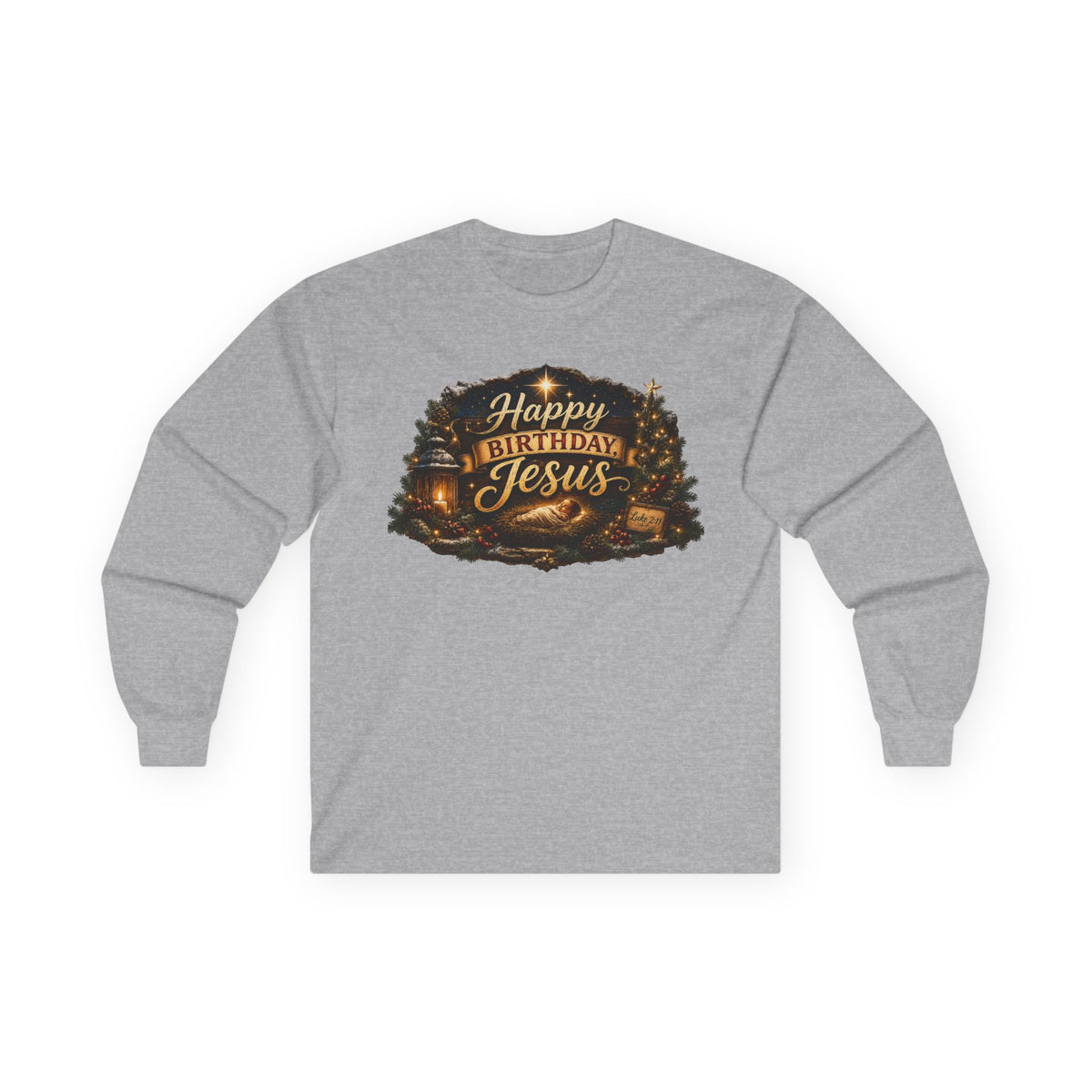 Happy Birthday Jesus Long Sleeve Tee | Nativity Christmas Religious Tee