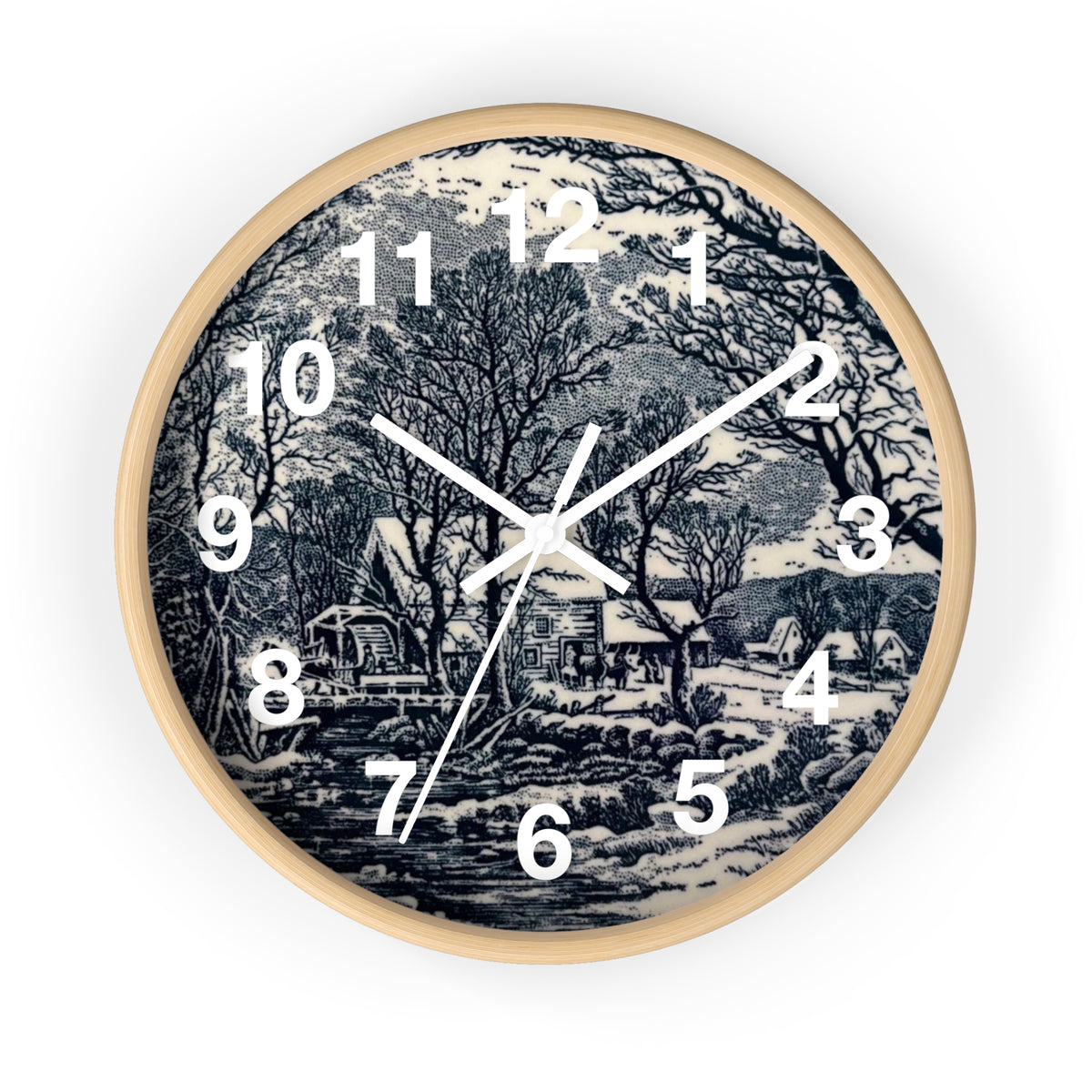 Blue and White Winter Transferware Style Wall Clock