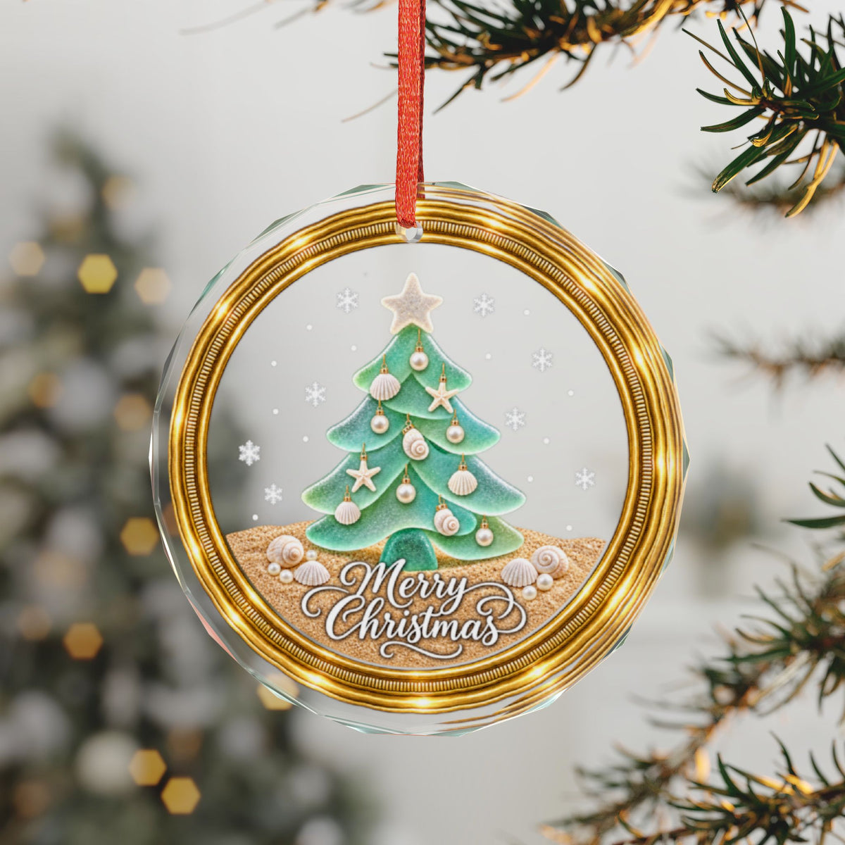 Seaglass and Seashell style Glass Christmas Ornament