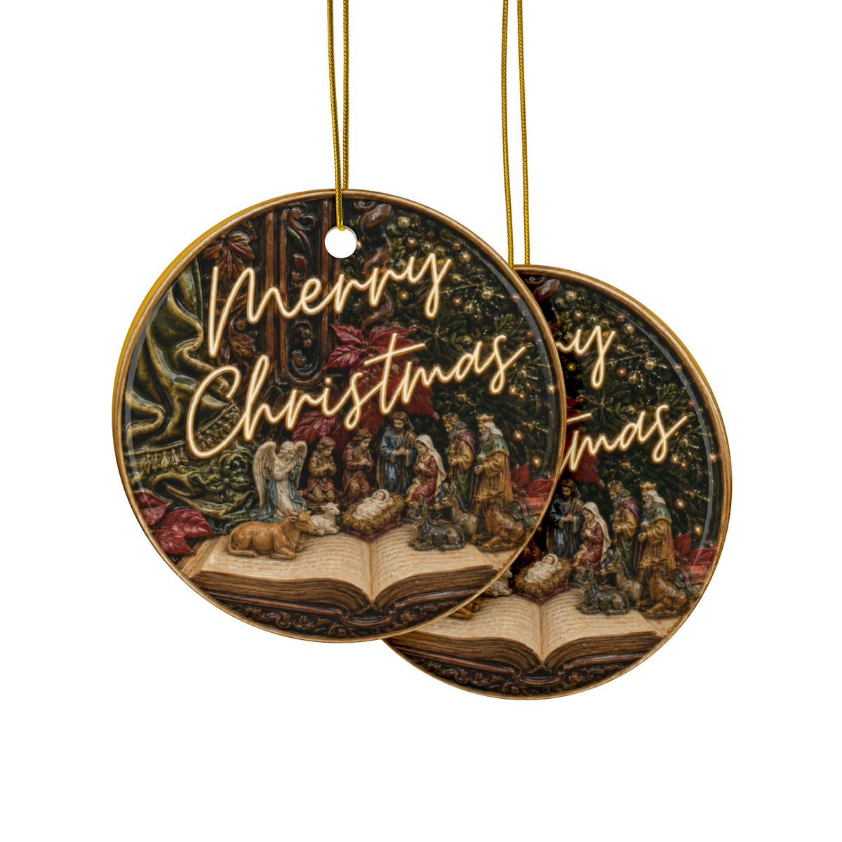 Vintage Nativity on Open Bible Christmas Ornaments, 2-Side Print, (1pc, 3pcs, 5pcs, 10pcs)