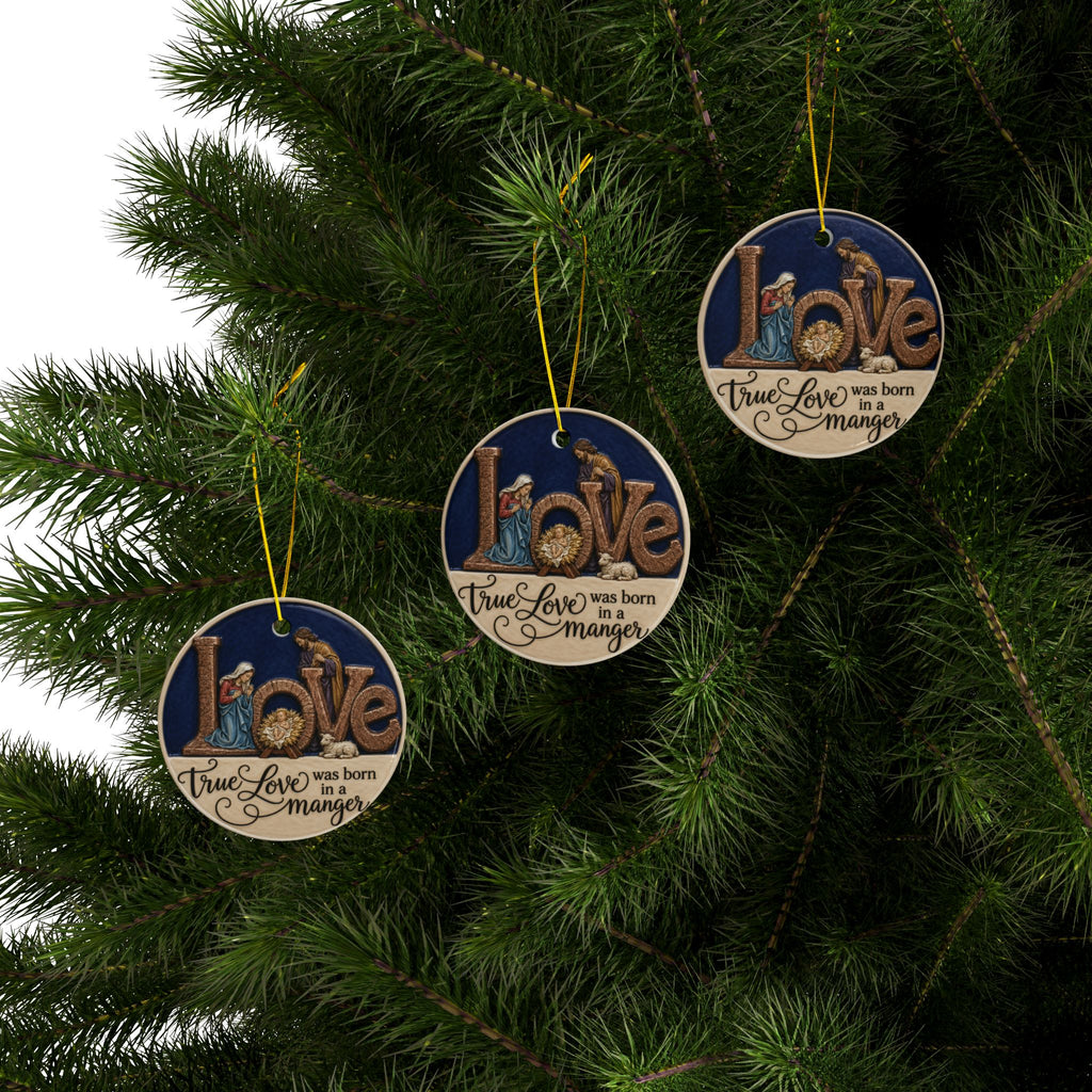 Vintage Nativity True Love was born in a Manger Christmas Ornaments, 2-Side Print, (1pc, 3pcs, 5pcs, 10pcs)
