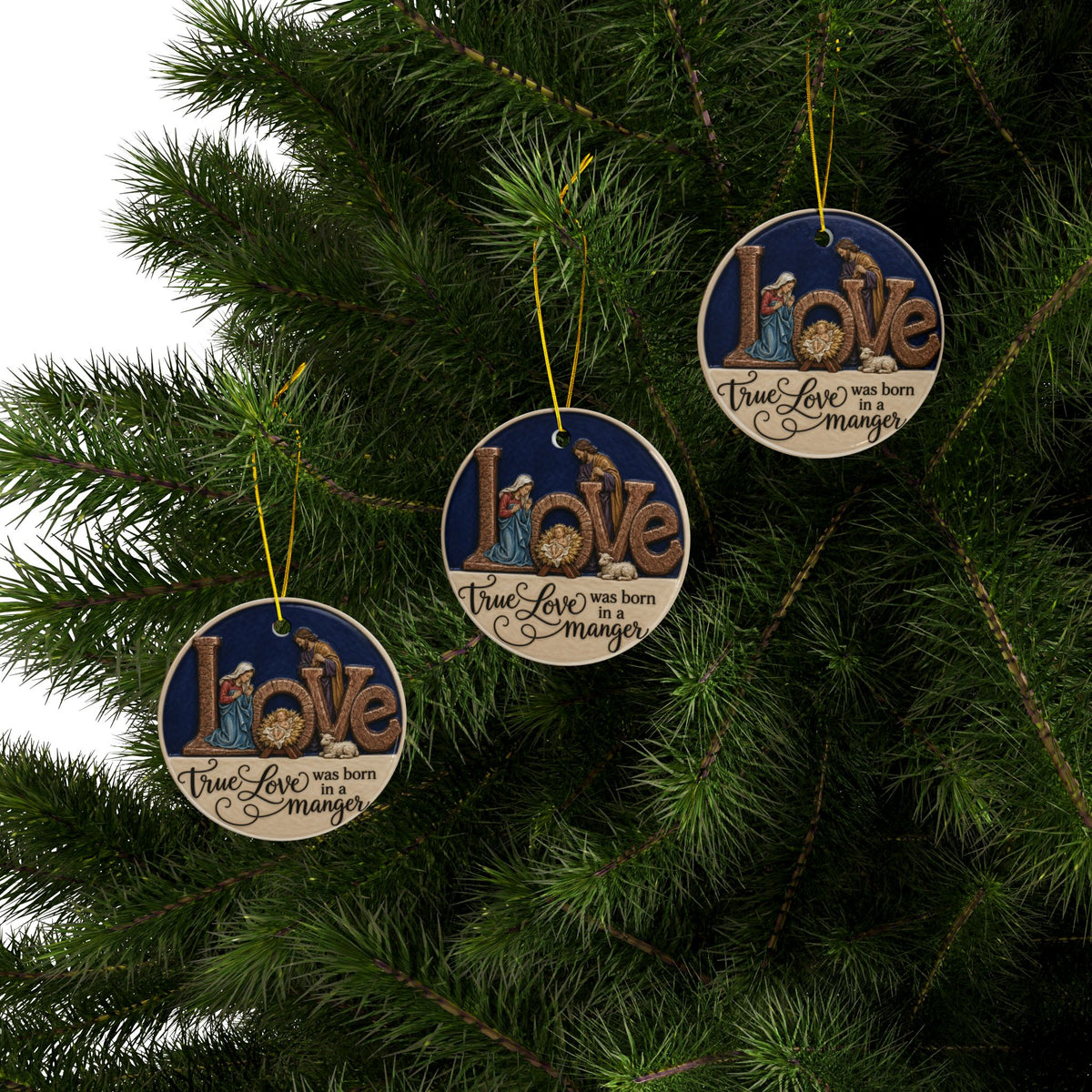 Vintage Nativity True Love was born in a Manger Christmas Ornaments, 2-Side Print, (1pc, 3pcs, 5pcs, 10pcs)