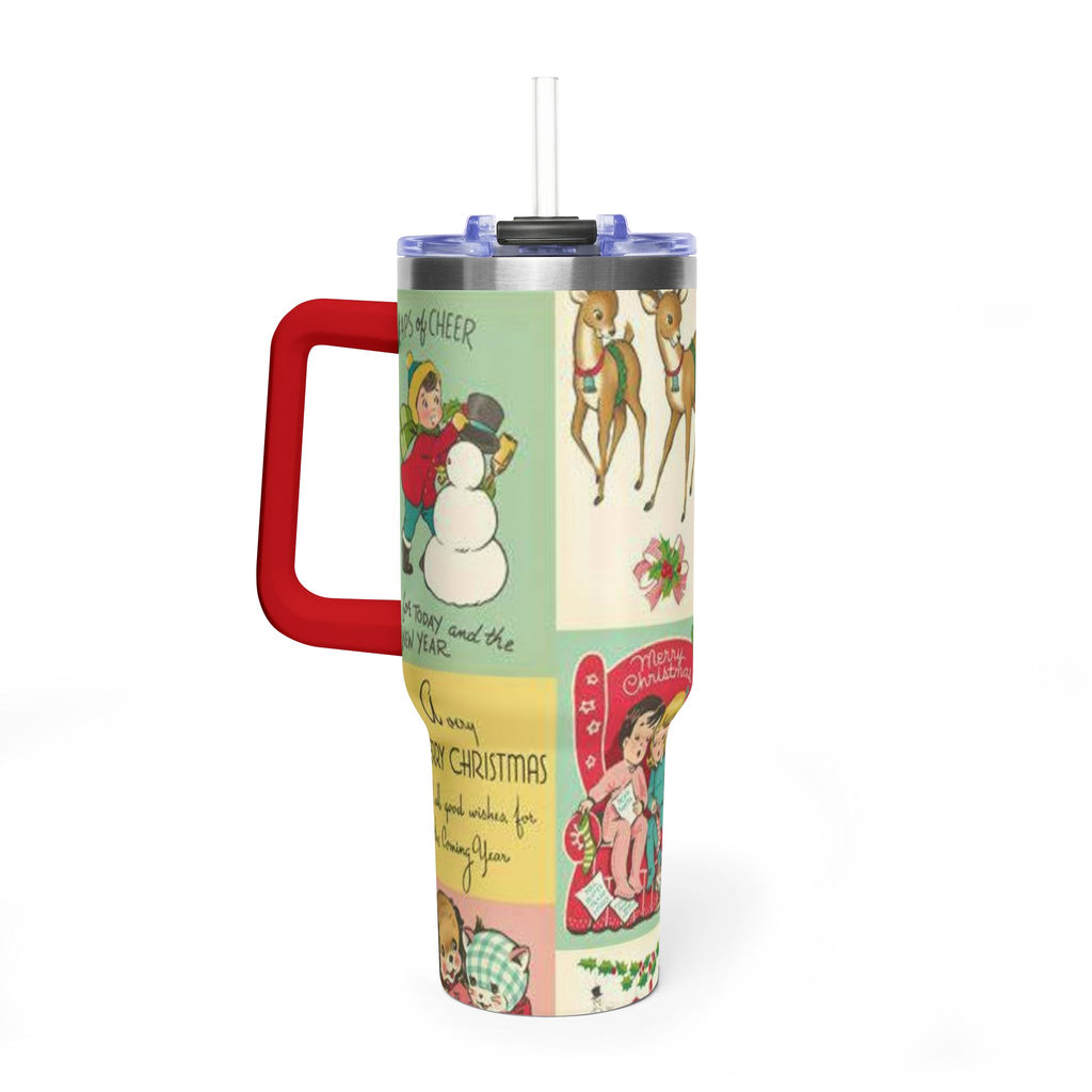 Vintage Christmas Card Tumbler 40oz | Retro Reindeer, Carolers, Snowman