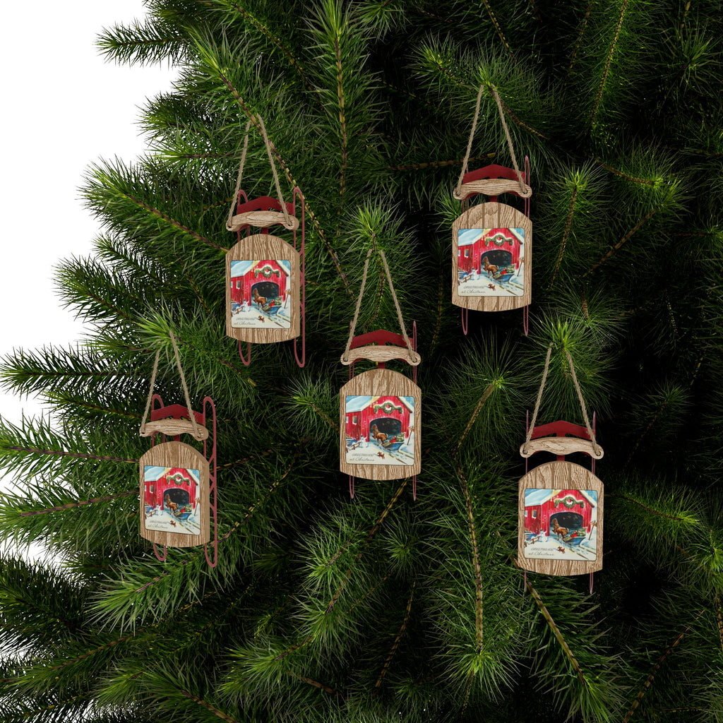 Vintage 1940s Santa, Snowman and Red Covered Bridge Sled Ornaments