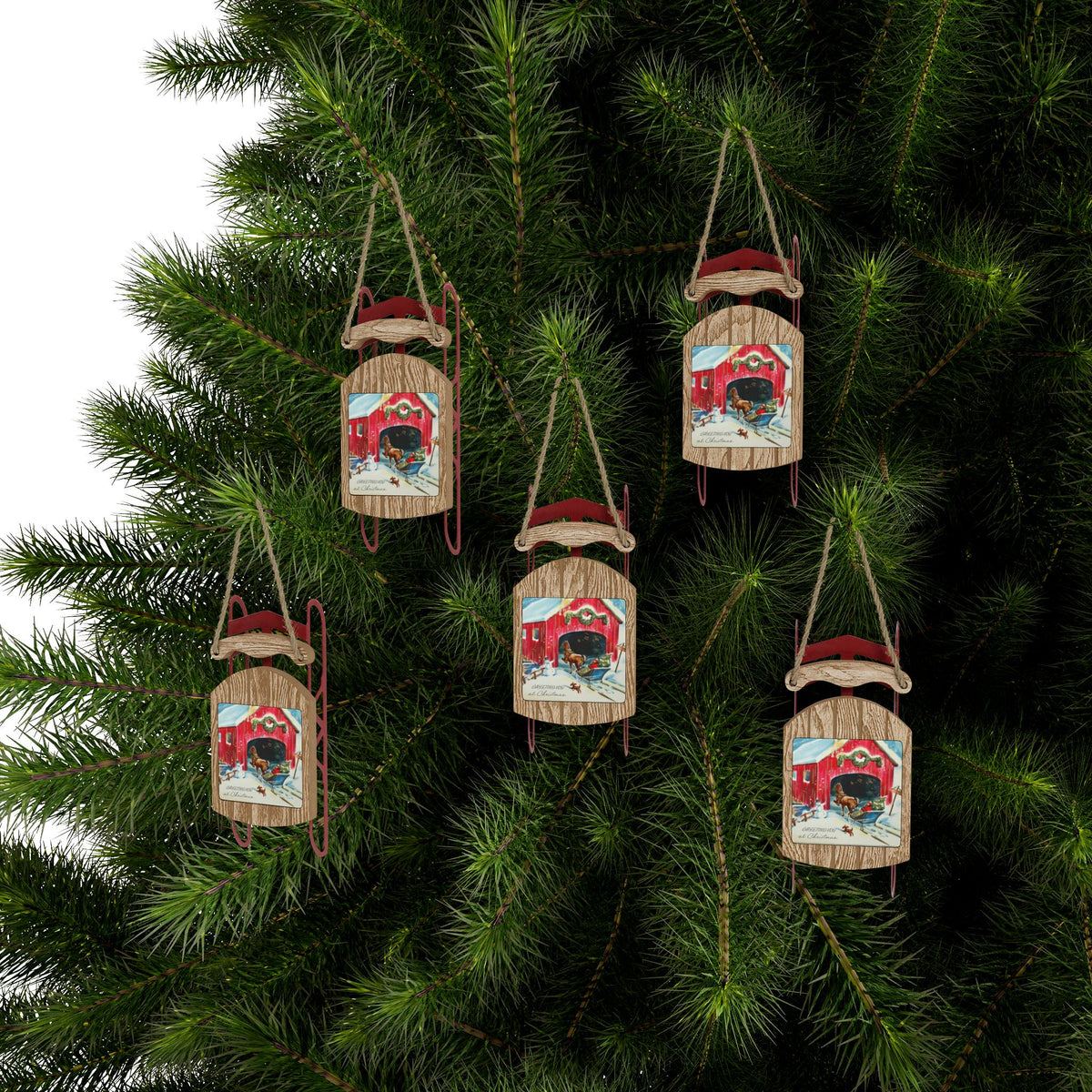 Vintage 1940s Santa, Snowman and Red Covered Bridge Sled Ornaments