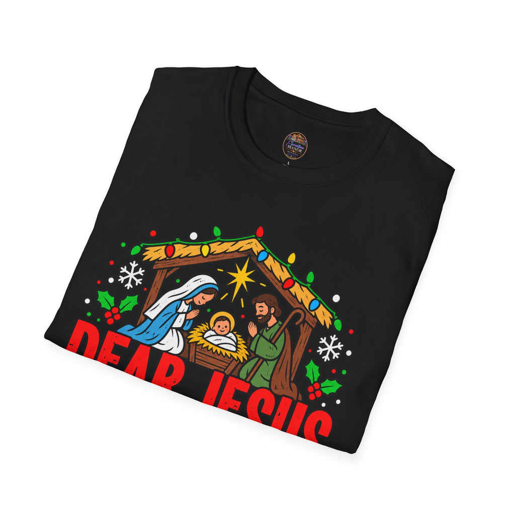 Dear Jesus Nativity Illustration T-Shirt | Humorous Religious Christmas Tee