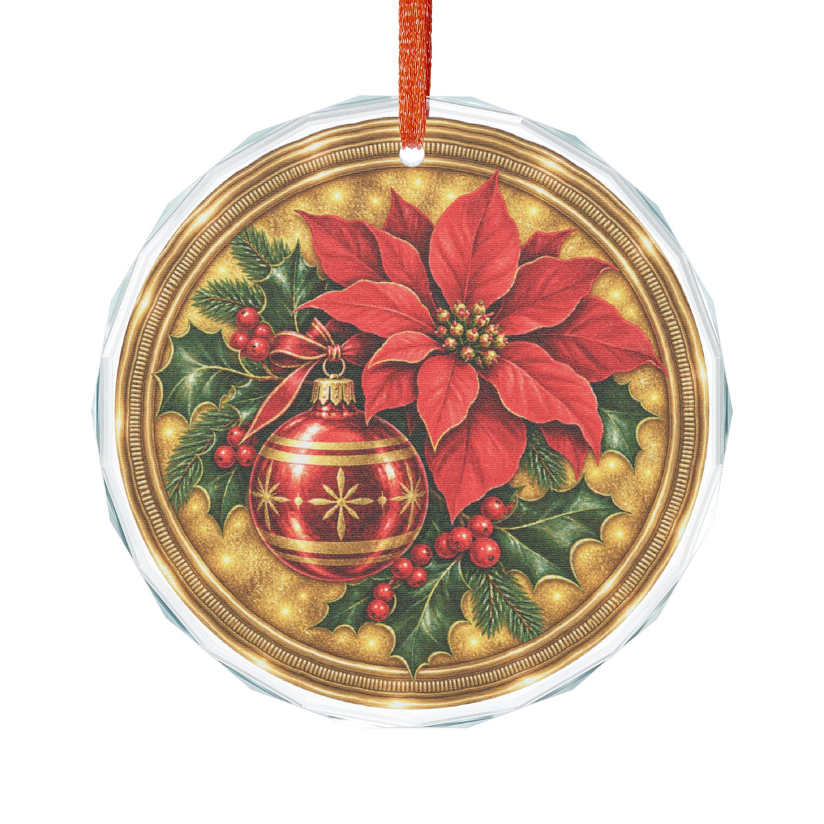 Vintage Midcentury Poinsettia and Holly Berries Glass Ornament, Single