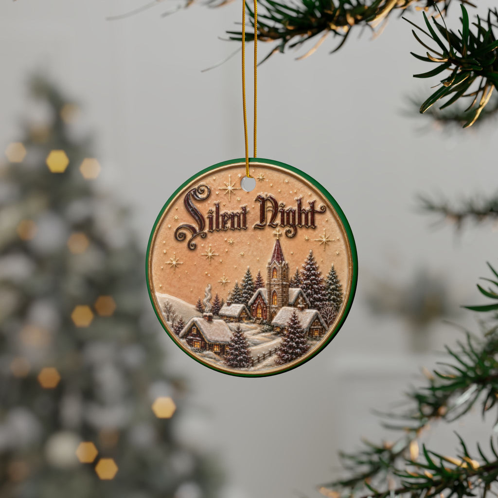 Silent Night Church Scene Ceramic Ornament | Round Christmas Ornament, Two-Sided Print