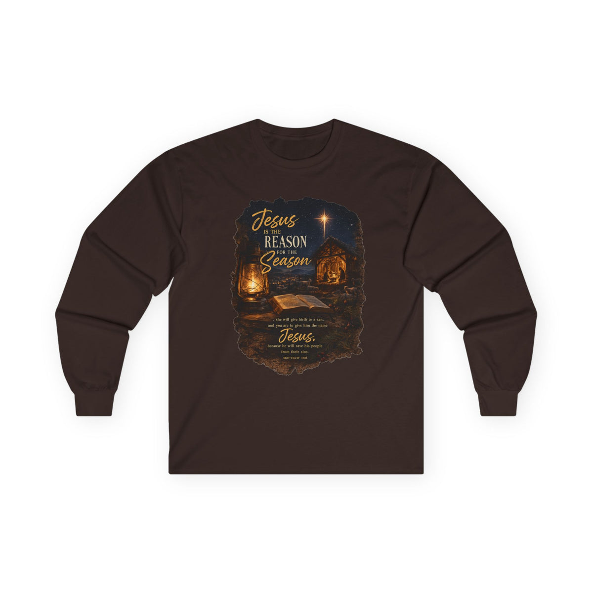 Jesus Reason Season nativity scene Long Sleeve Tee | Christian faith scripture design